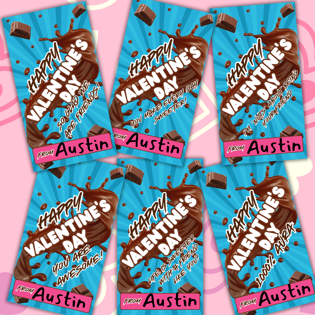 Kids Chocolates Valentine’s Cards, Tween, Teen School Boys Girls Valentines Day Gift. Printable PDF 12 Designs