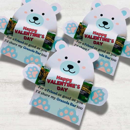 Kids granola bar Bear Valentine’s Day cards, teacher school boys girls valentines gift. Printable PDF cute bear snack bag topper gift