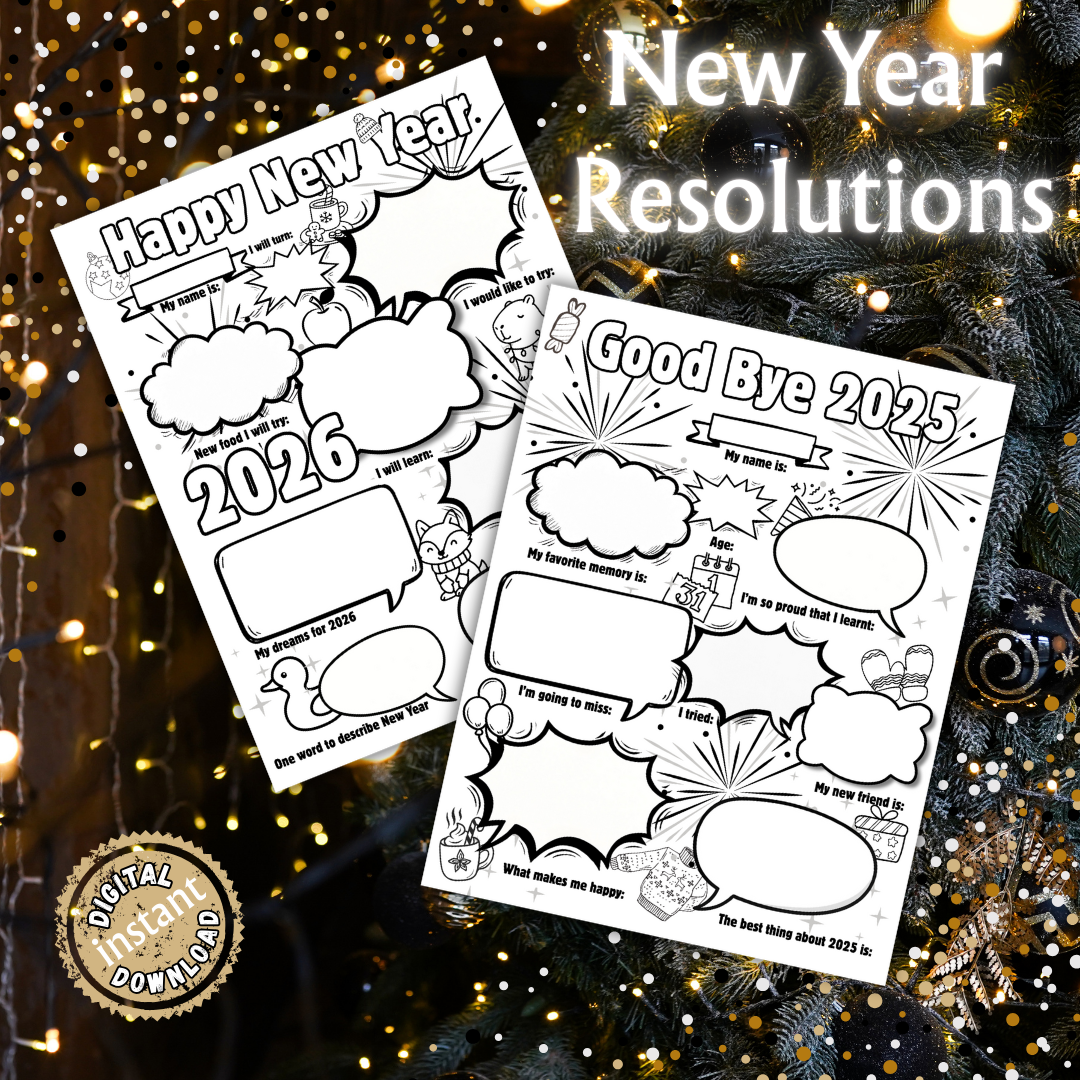 New Year Goals and Resolutions Printables Digital Download School Coloring Year in Review Vision Board