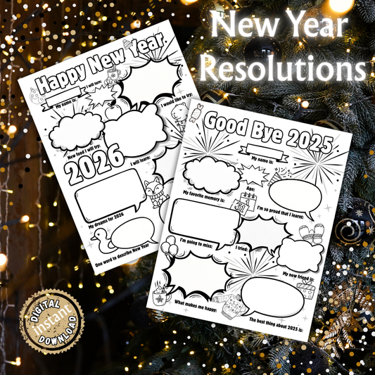 New Year Goals and Resolutions Printables Digital Download School Coloring Year in Review Vision Board