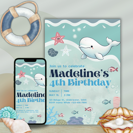 Birthday Party Invitation Cute Ocean Beluga Themed Birthday Invite For Sea Creatures Fans