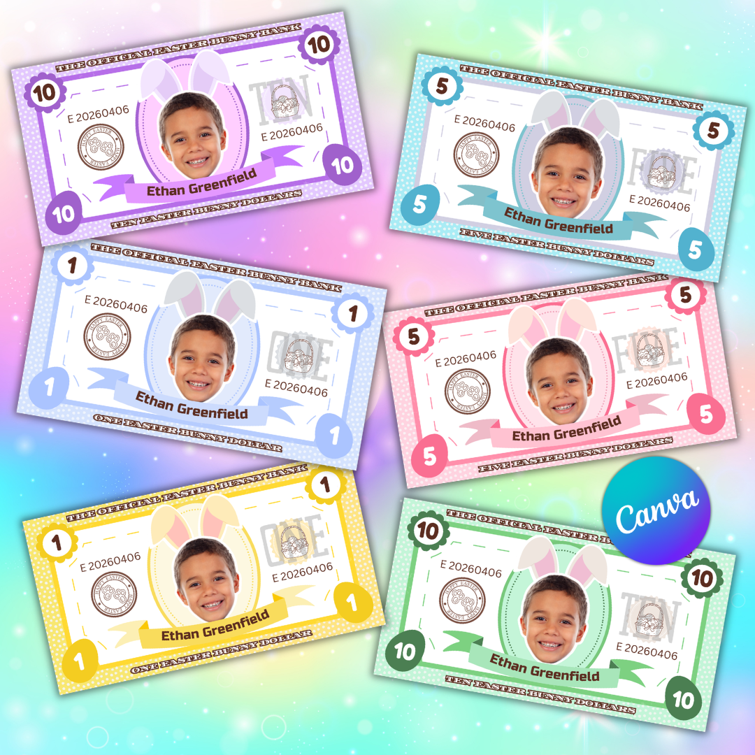 Personalized Easter Bunny Bucks Editable in Canva Template Egg Hunt Stuffer Ideas Child Face on Money Printable Gift