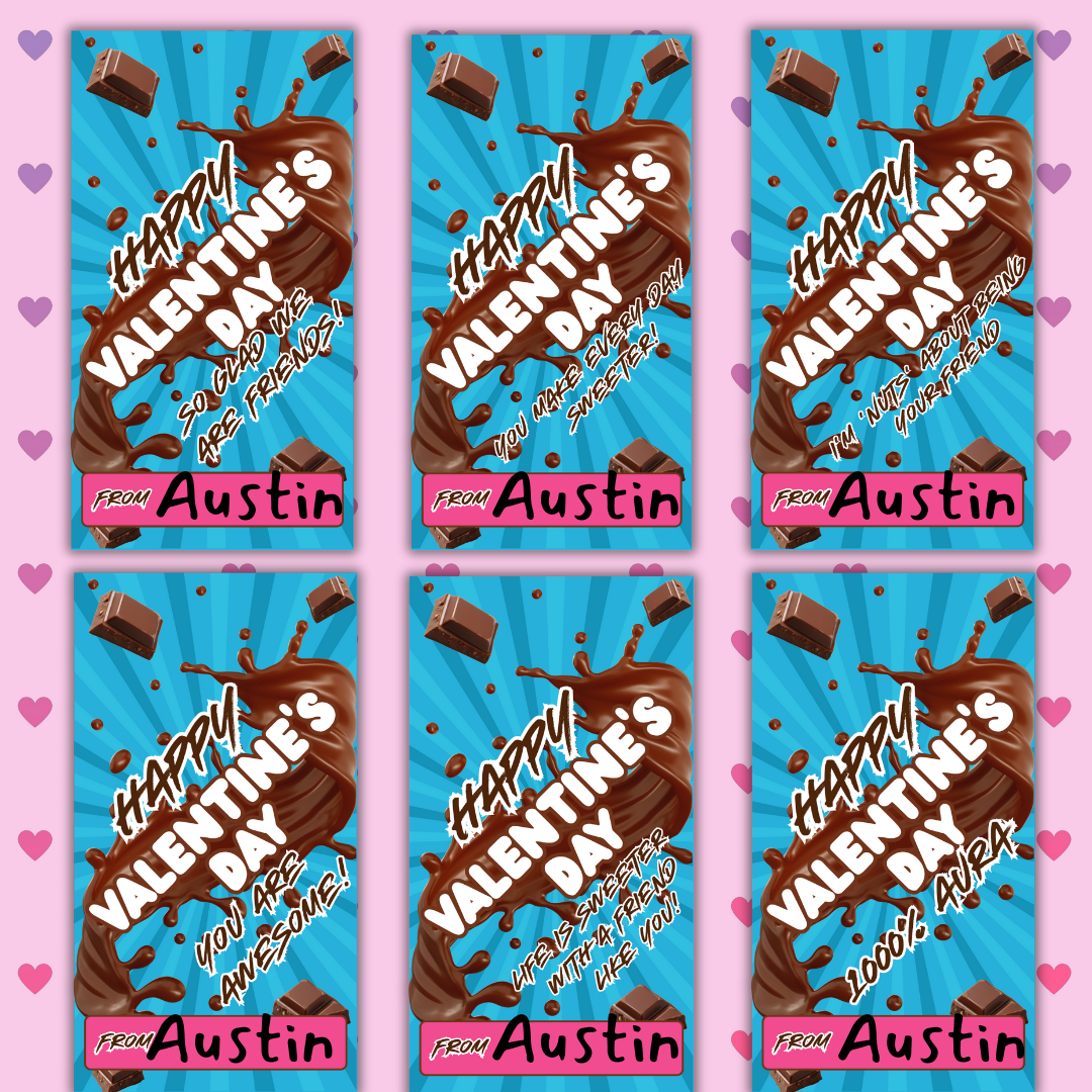 Kids Chocolates Valentine’s Cards, Tween, Teen School Boys Girls Valentines Day Gift. Printable PDF 12 Designs