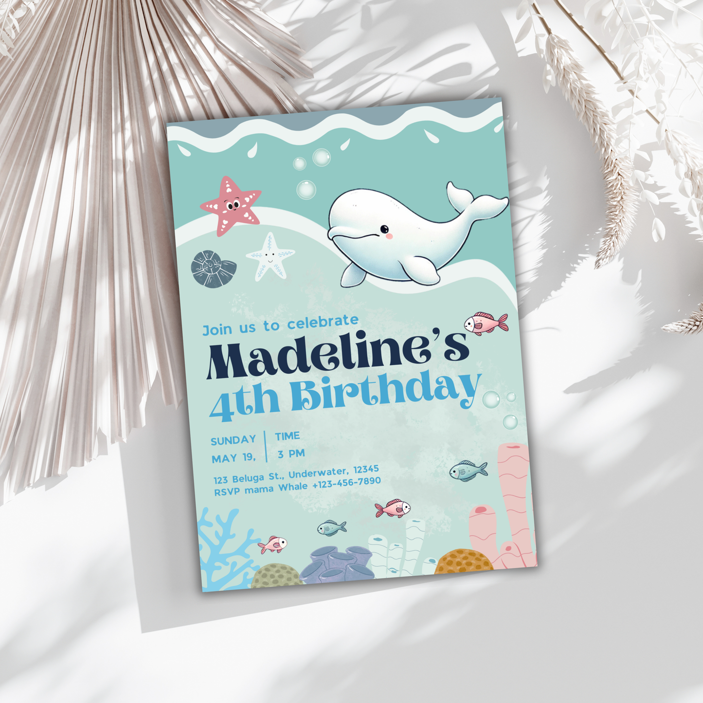 Birthday Party Invitation Cute Ocean Beluga Themed Birthday Invite For Sea Creatures Fans