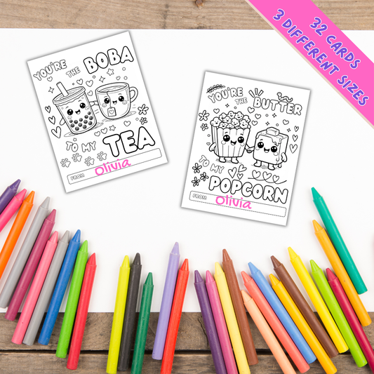 32 Valentine's Day Cards Food Pun Coloring Pages Class Exchanges Cute Crayons Goody Bags Printable Digital Download