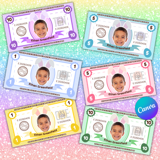 Personalized Easter Bunny Bucks Editable in Canva Template Egg Hunt Stuffer Ideas Child Face on Money Printable Gift