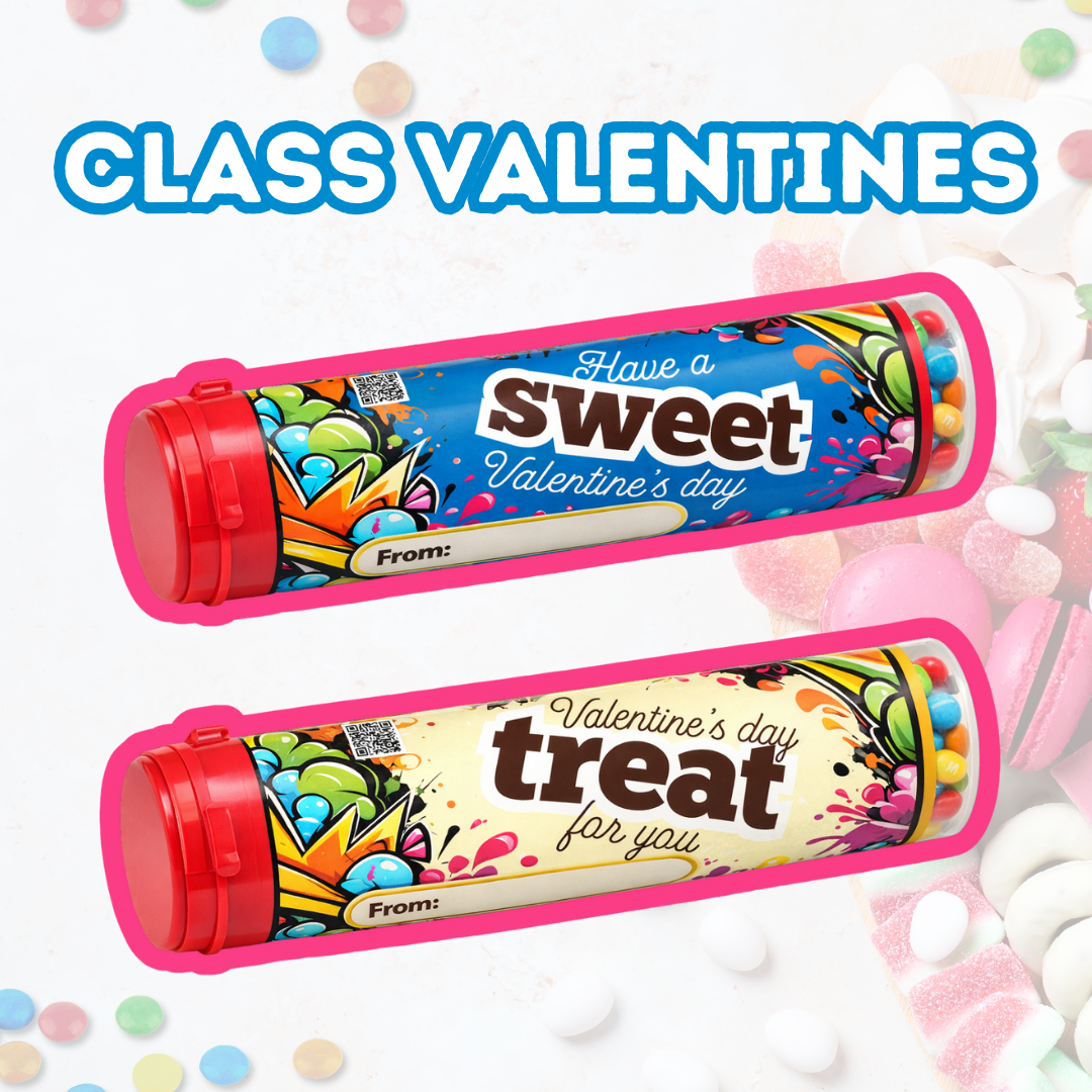 School printable Class Valentines Candy Tube Labels Cards for friends on Valentine's Day Small gifts ideas
