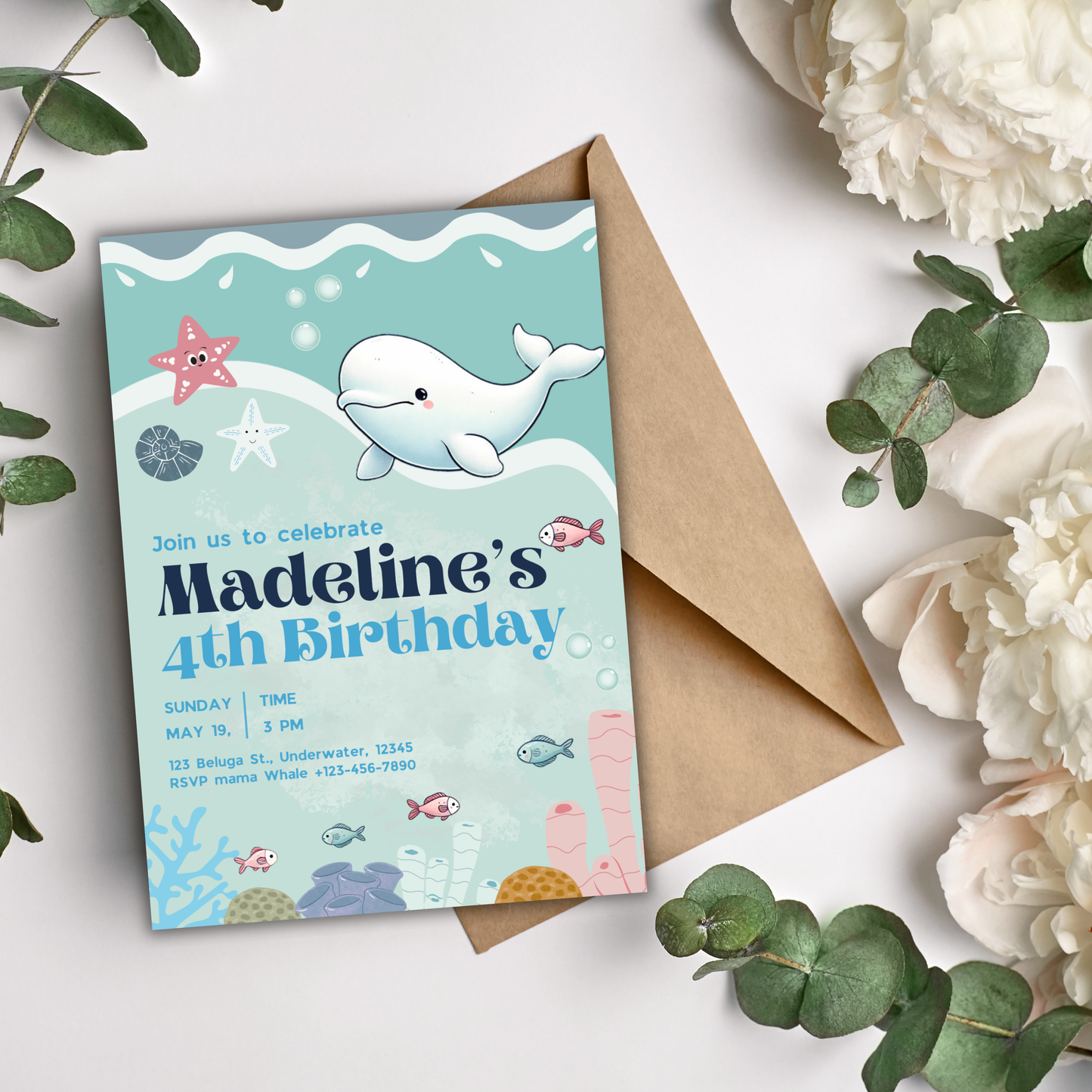 Birthday Party Invitation Cute Ocean Beluga Themed Birthday Invite For Sea Creatures Fans