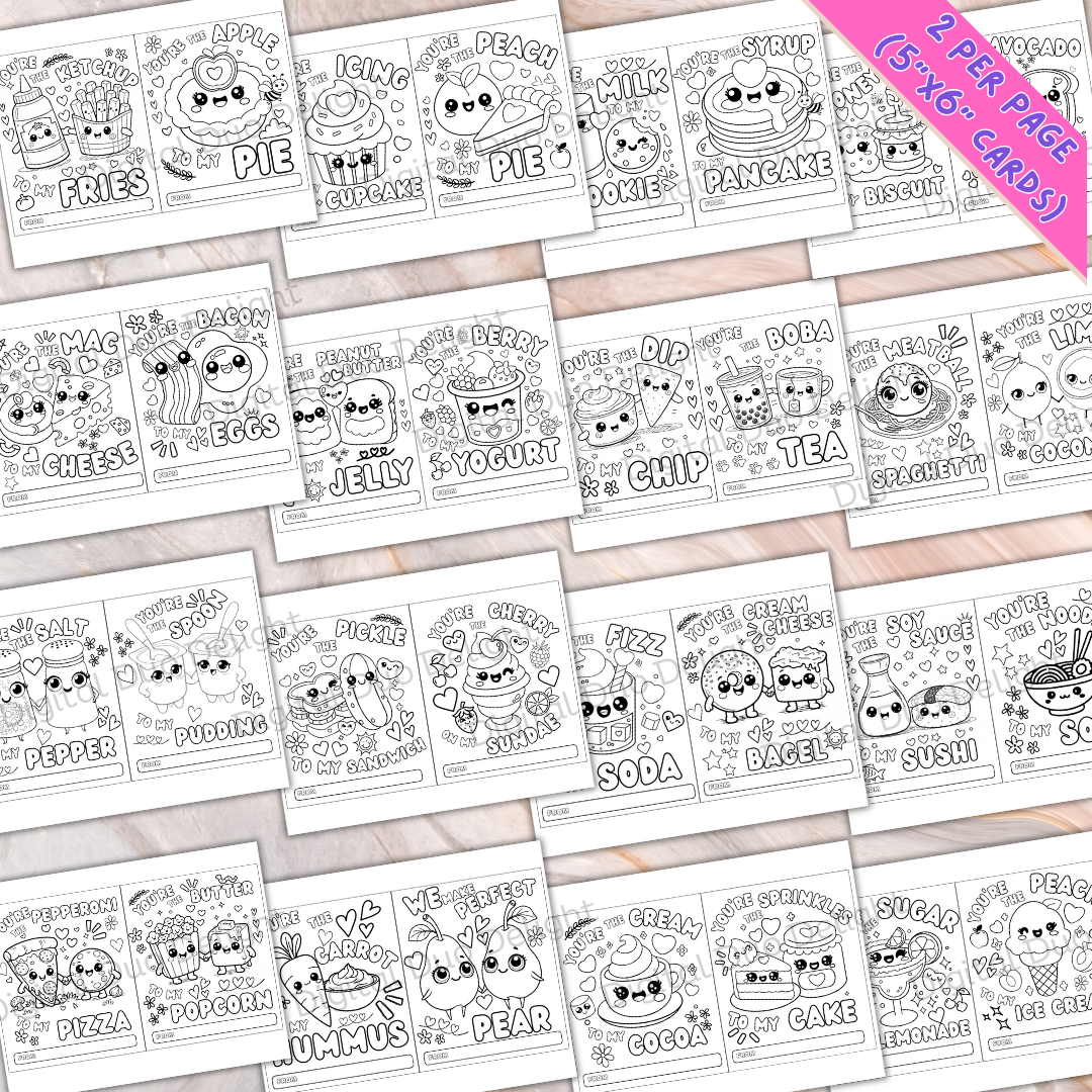 32 Valentine's Day Cards Food Pun Coloring Pages Class Exchanges Cute Crayons Goody Bags Printable Digital Download