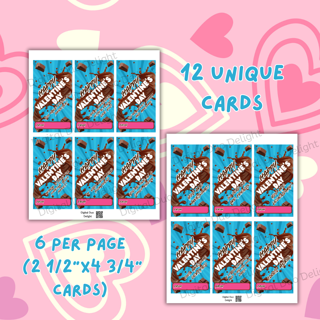 Kids Chocolates Valentine’s Cards, Tween, Teen School Boys Girls Valentines Day Gift. Printable PDF 12 Designs