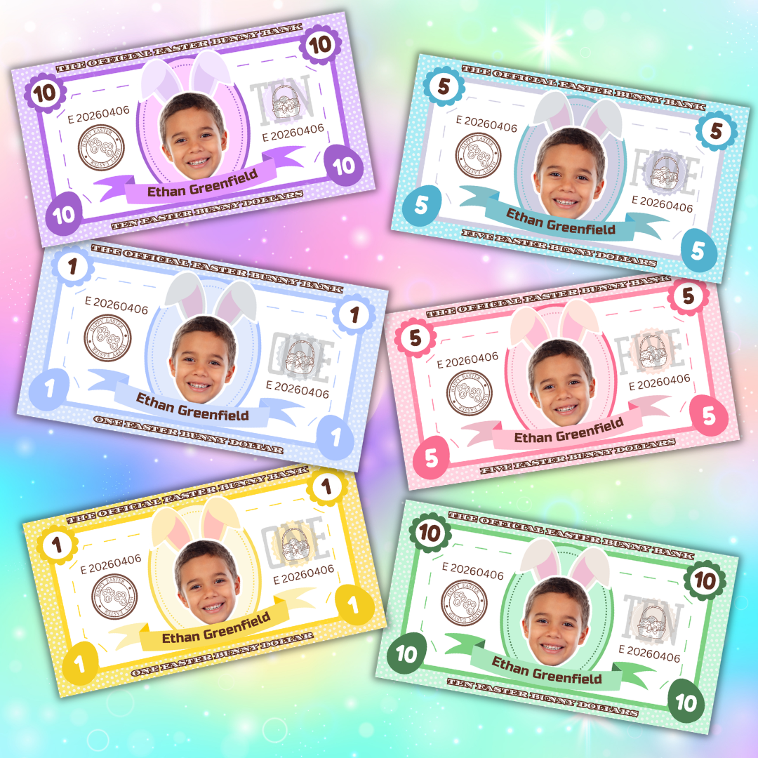 6 pc Personalized Easter Money with Photo, Printed Holographic Bunny Bucks, Custom Child Basket Filler, Laminated Cash for Egg Hunt