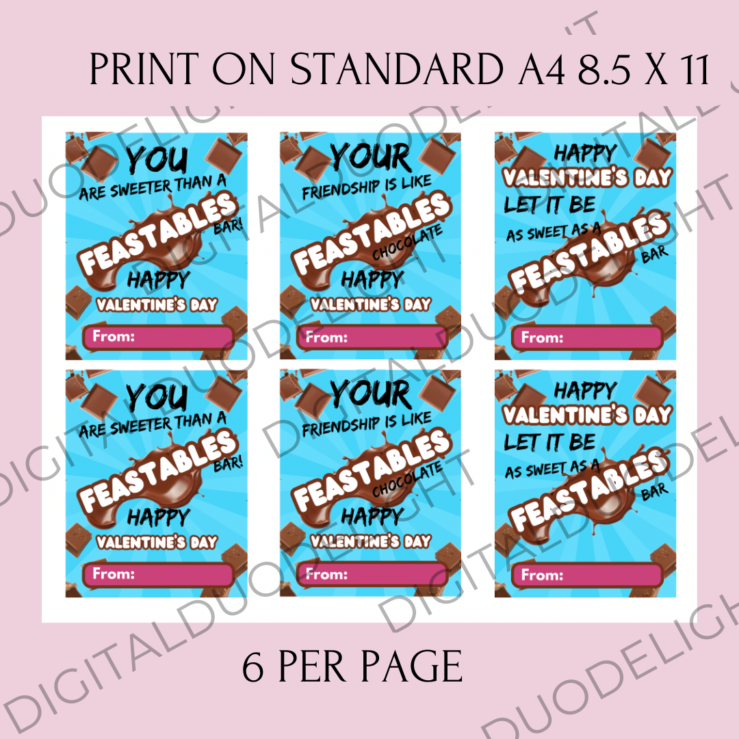 Class Feastables Valentines Cards for friends and classmates. Valentine's Day Chocolate treats teen tween