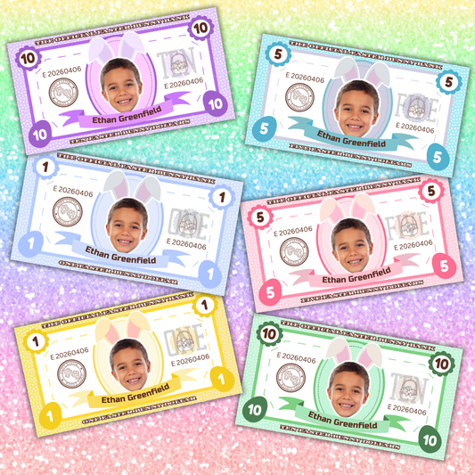 6 pc Personalized Easter Money with Photo, Printed Holographic Bunny Bucks, Custom Child Basket Filler, Laminated Cash for Egg Hunt