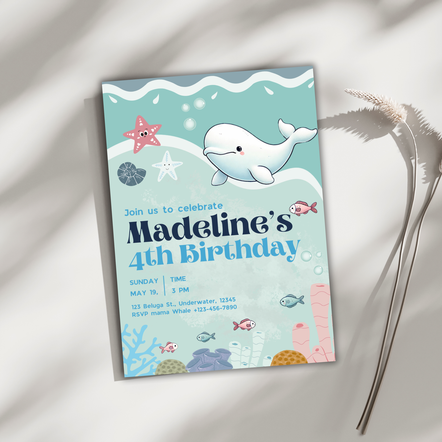 Birthday Party Invitation Cute Ocean Beluga Themed Birthday Invite For Sea Creatures Fans