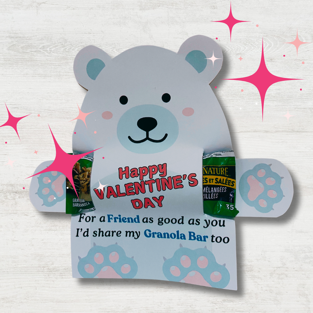 Kids granola bar Bear Valentine’s Day cards, teacher school boys girls valentines gift. Printable PDF cute bear snack bag topper gift