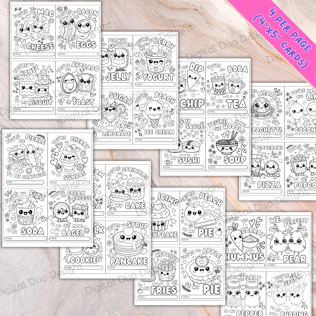 32 Valentine's Day Cards Food Pun Coloring Pages Class Exchanges Cute Crayons Goody Bags Printable Digital Download