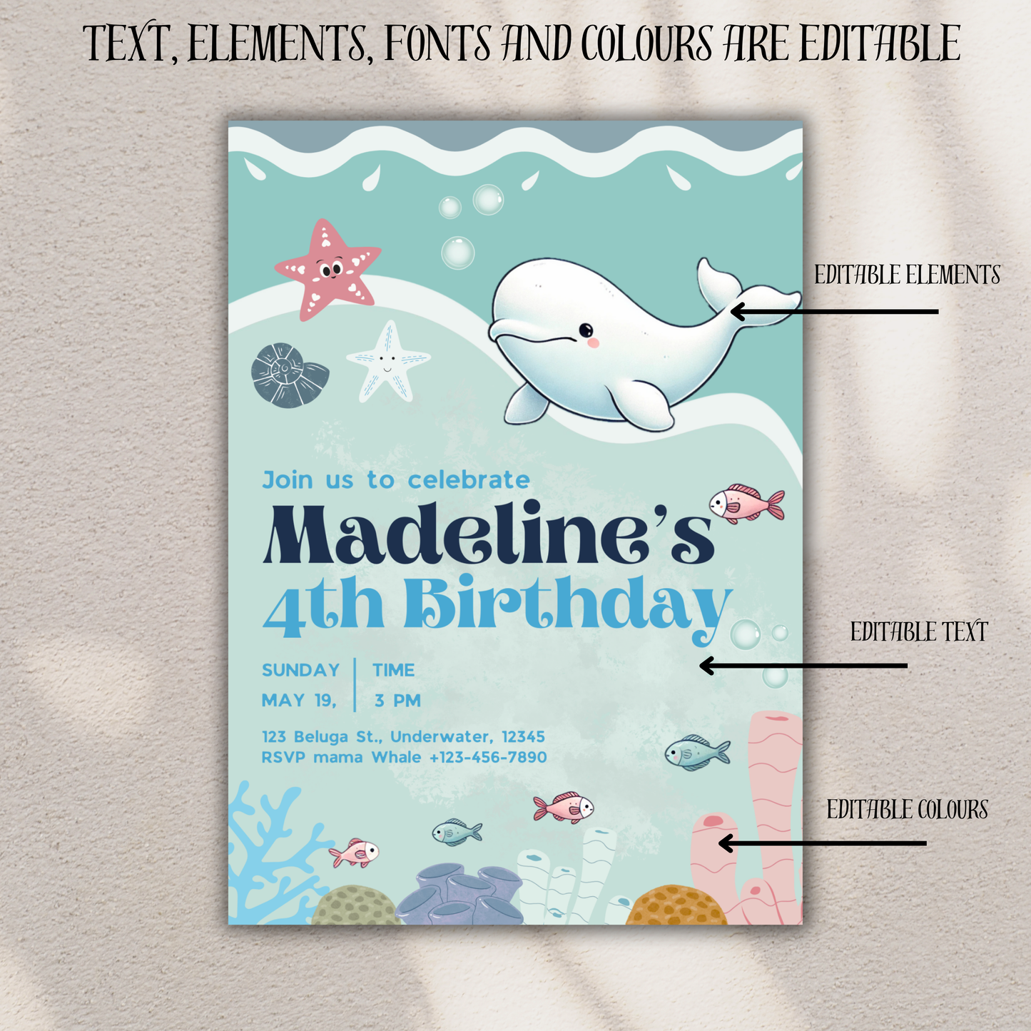 Birthday Party Invitation Cute Ocean Beluga Themed Birthday Invite For Sea Creatures Fans