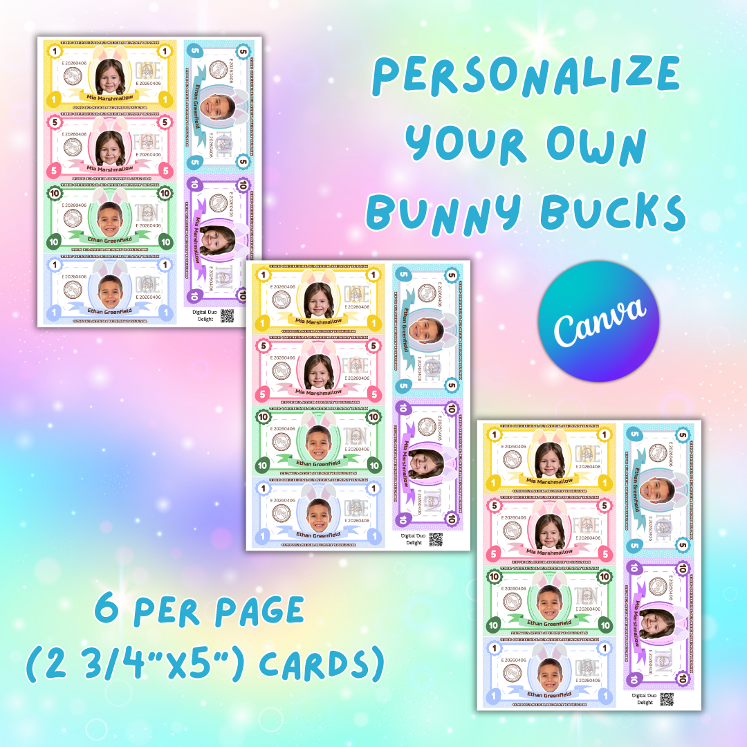 Personalized Easter Bunny Bucks Editable in Canva Template Egg Hunt Stuffer Ideas Child Face on Money Printable Gift