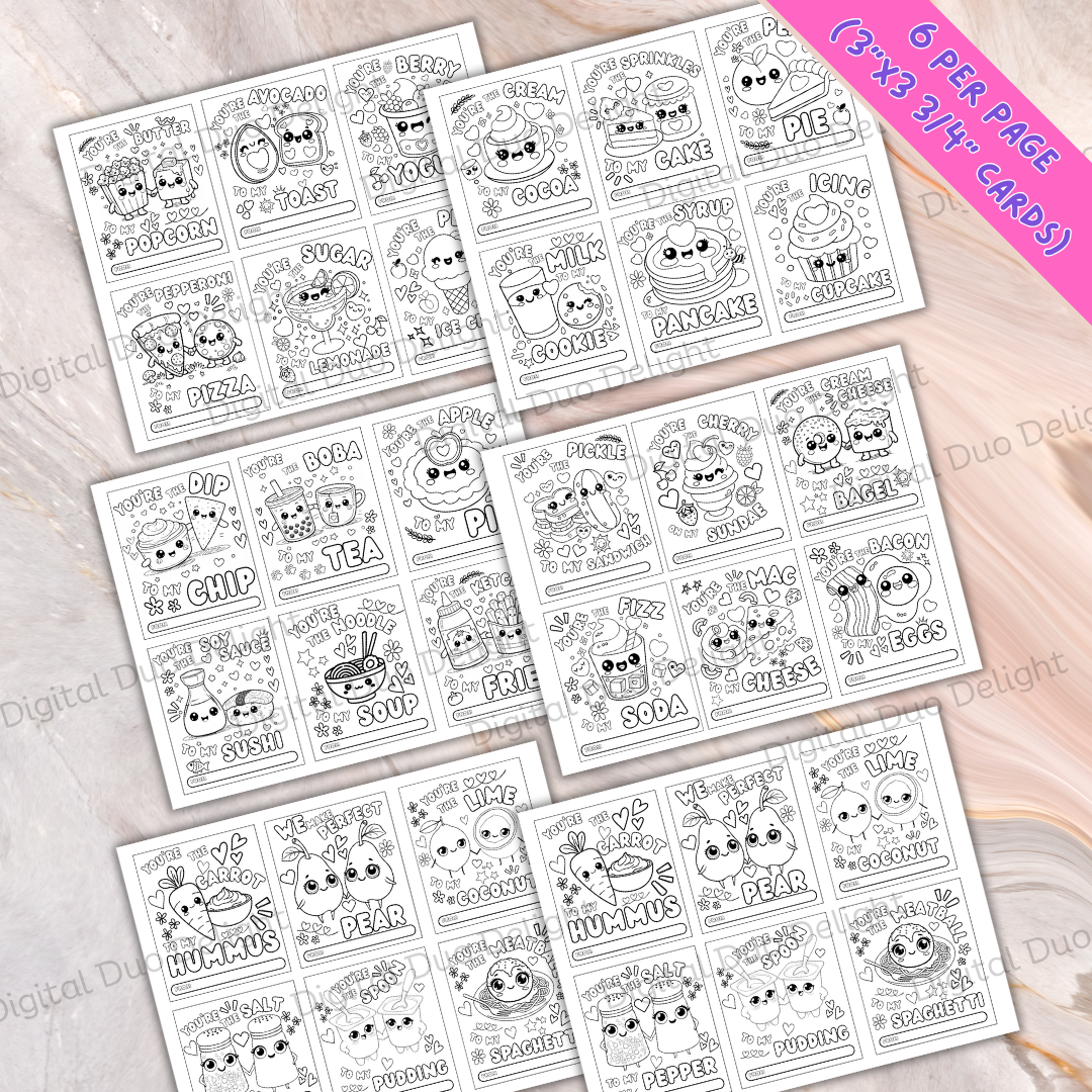 32 Valentine's Day Cards Food Pun Coloring Pages Class Exchanges Cute Crayons Goody Bags Printable Digital Download