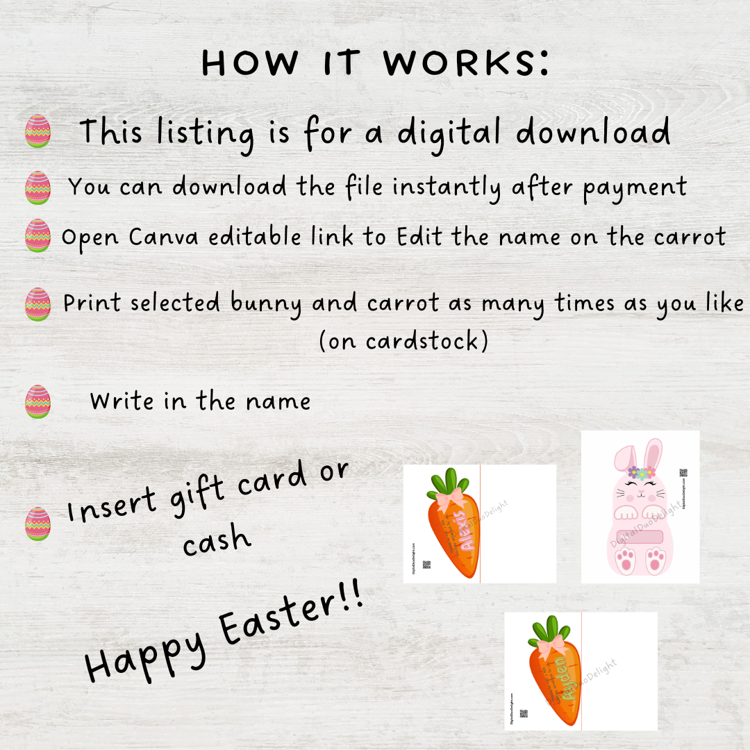 Easter Bunny Gift Card or Cash Holder - Editable Instant Digital Download includes 5 styles