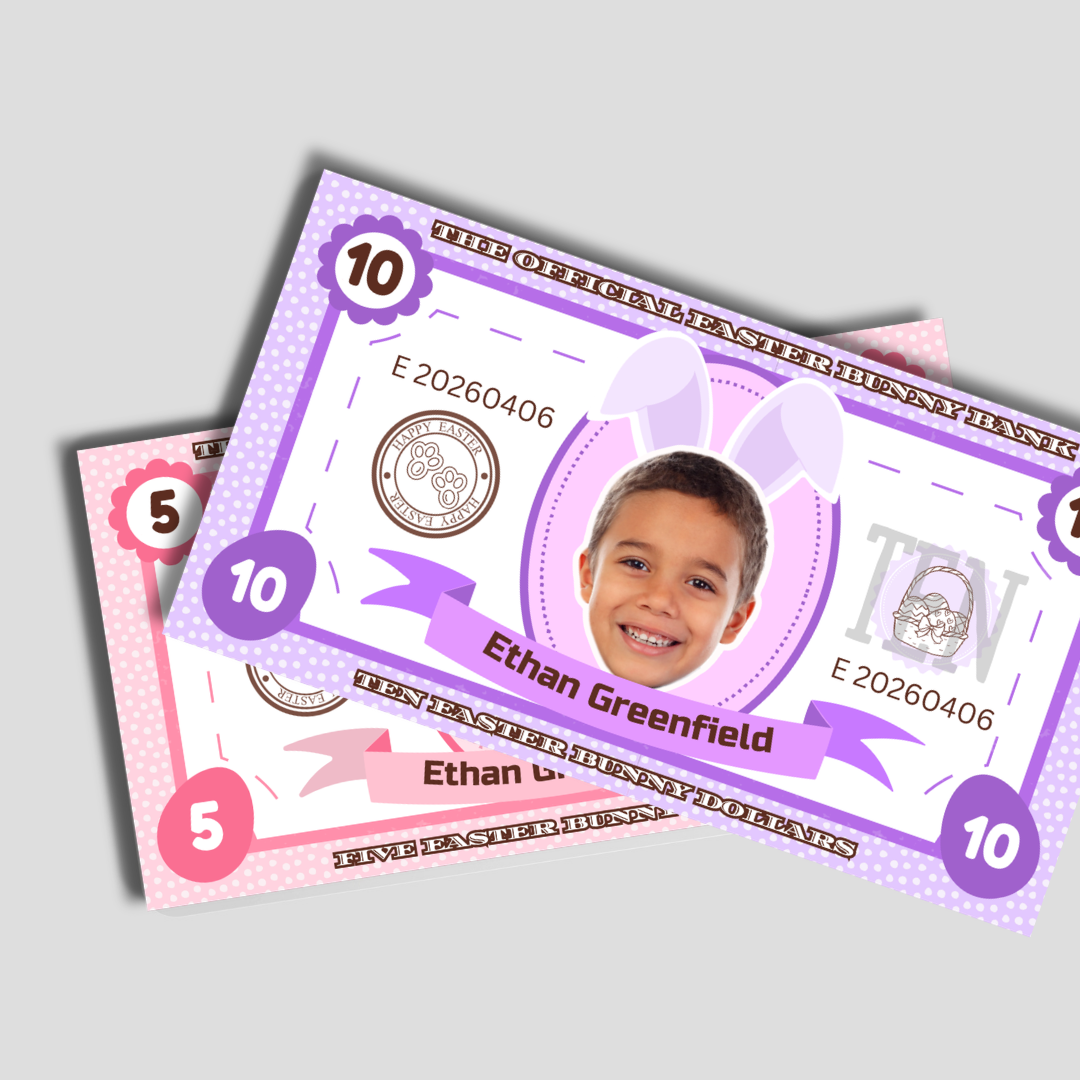 Personalized Easter Bunny Bucks Editable in Canva Template Egg Hunt Stuffer Ideas Child Face on Money Printable Gift