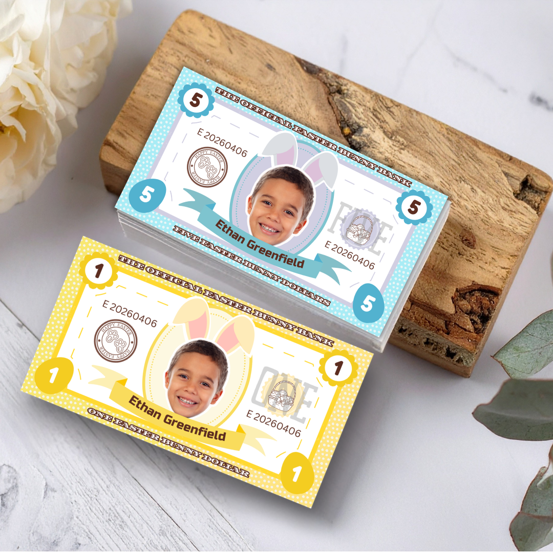 Personalized Easter Bunny Bucks Editable in Canva Template Egg Hunt Stuffer Ideas Child Face on Money Printable Gift