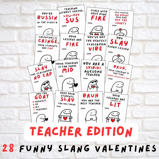 Teachers Funny Slang 28 Valentine’s Day cards, Tween, Boys Girls Valentine’s Day Gift. Printable PDF Skibidi, Rizz, Funny. Perfect For School