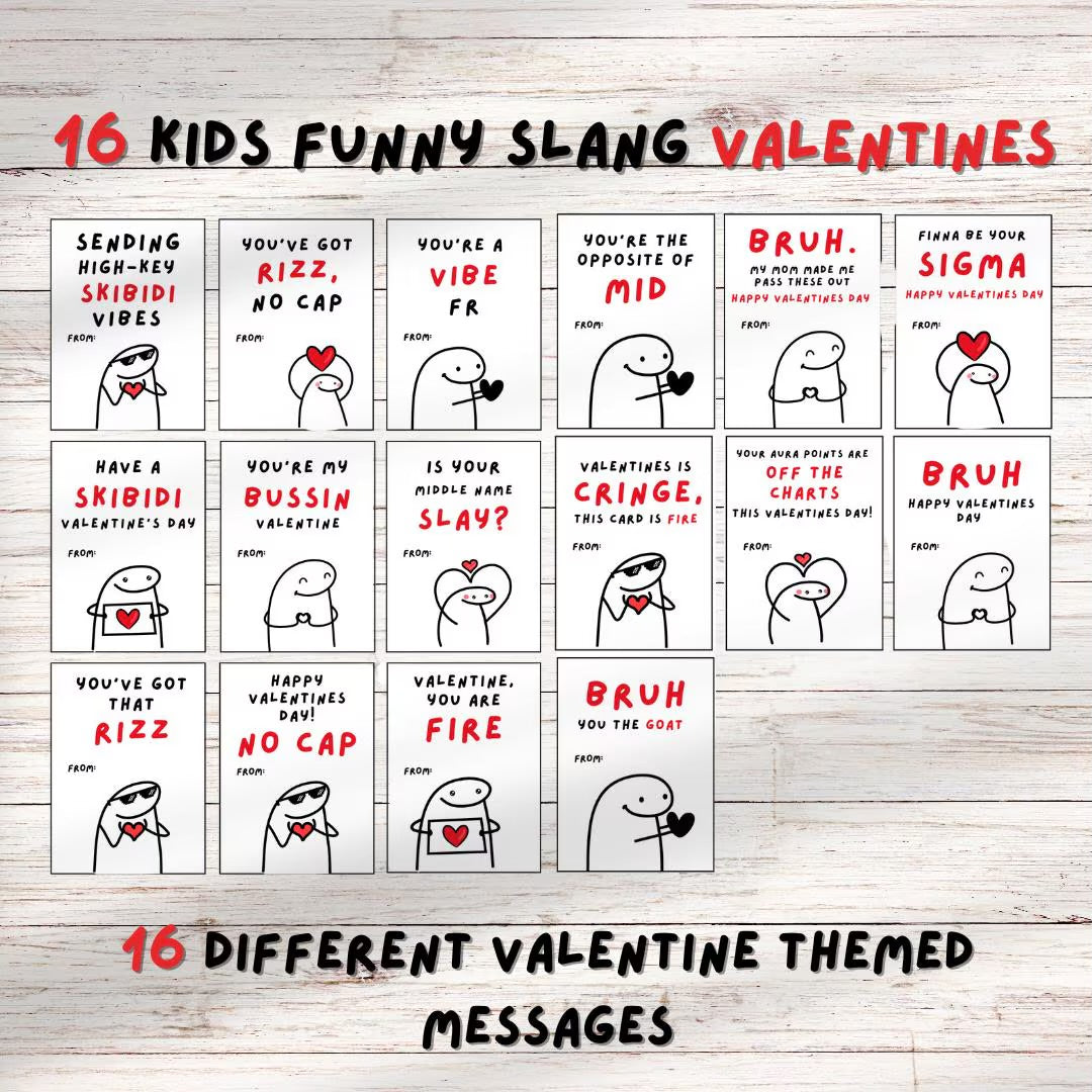Kids Funny Slang 16 Valentine’s Day Cards, Tween, School Boys Girls Valentine’s Day Gift. Printable PDF Skibidi, Rizz, Funny. Perfect For School