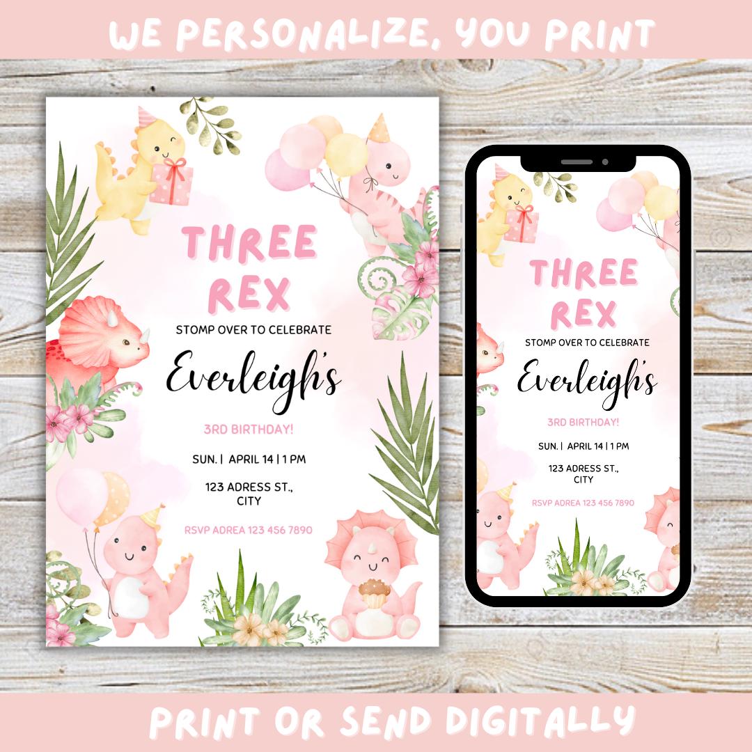 Dinosaur Birthday Party Theme Invitation Pink Three Rex Girls Birthday Party Invitation Personalized, Toddler Baby Party, Girls Boys Gift Party Invite