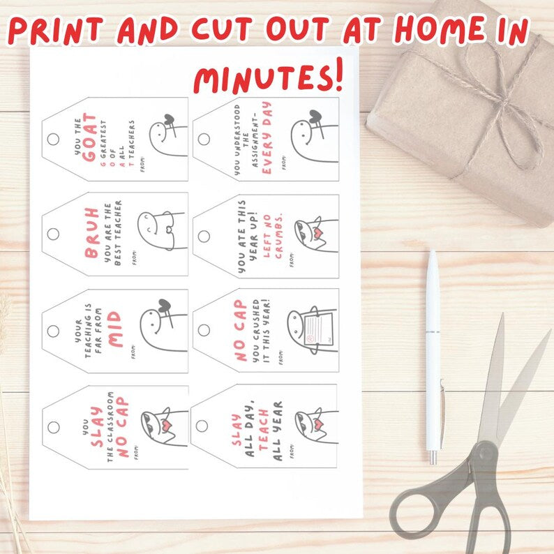 Kids Slang Teacher Gift Tags, End of Year Printable Tags from Kids, Gen Z Gen Alpha Slang, Instant Download, 12 Tags instant download PDF