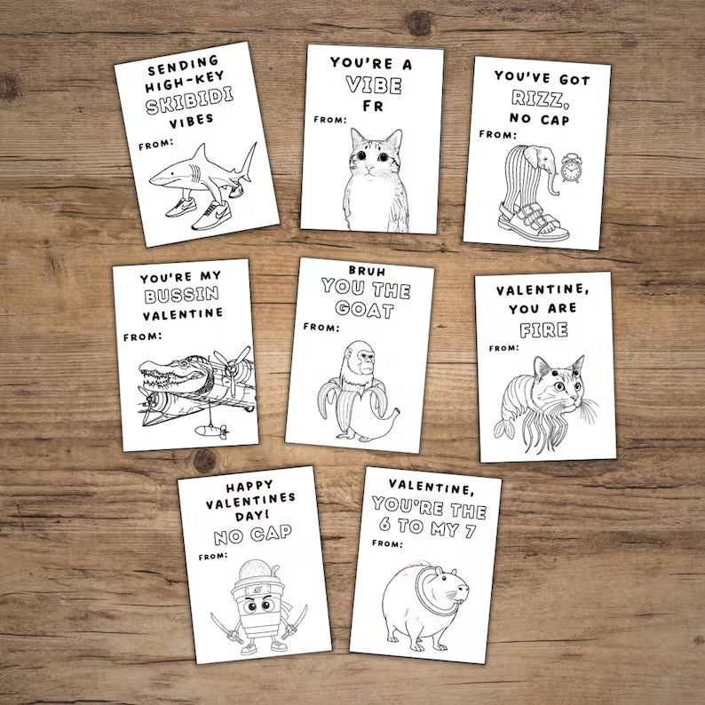 8 Kids Coloring Slang Valentine’s cards, tween, school boys girls valentines day gift. Printable PDF skibidi, rizz, funny. Great for school