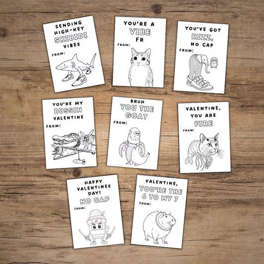 8 Kids Coloring Slang Valentine’s cards, tween, school boys girls valentines day gift. Printable PDF skibidi, rizz, funny. Great for school