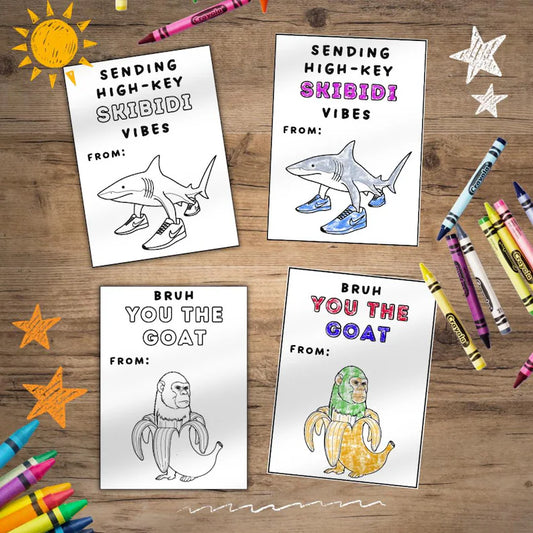 8 Kids Coloring Slang Valentine’s cards, tween, school boys girls valentines day gift. Printable PDF skibidi, rizz, funny. Great for school