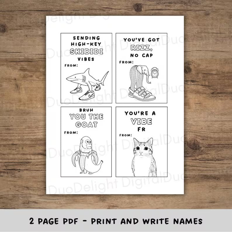 8 Kids Coloring Slang Valentine’s cards, tween, school boys girls valentines day gift. Printable PDF skibidi, rizz, funny. Great for school