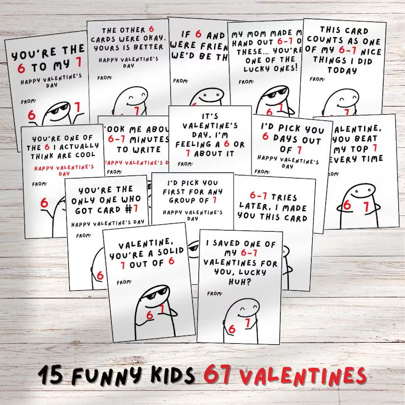 Kids Funny 67 Valentine’s cards, tween, school boys girls valentines day gift. Printable PDF meme, brain rot, funny. Perfect for school
