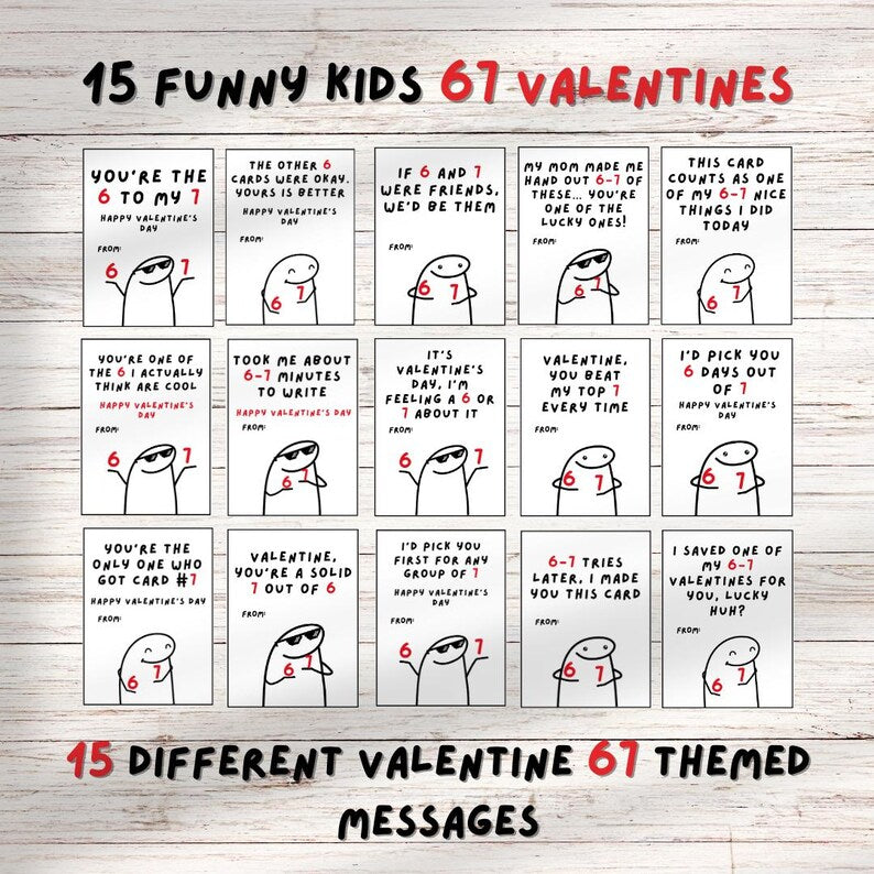 Kids Funny 67 Valentine’s cards, tween, school boys girls valentines day gift. Printable PDF meme, brain rot, funny. Perfect for school