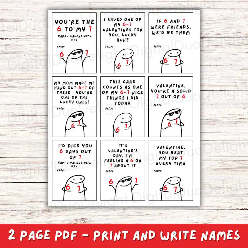 Kids Funny 67 Valentine’s cards, tween, school boys girls valentines day gift. Printable PDF meme, brain rot, funny. Perfect for school