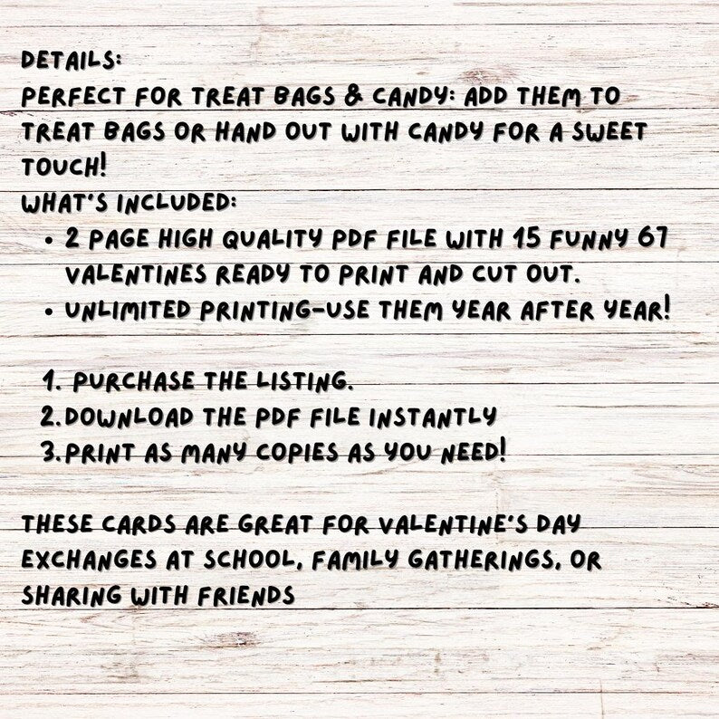 Kids Funny 67 Valentine’s cards, tween, school boys girls valentines day gift. Printable PDF meme, brain rot, funny. Perfect for school