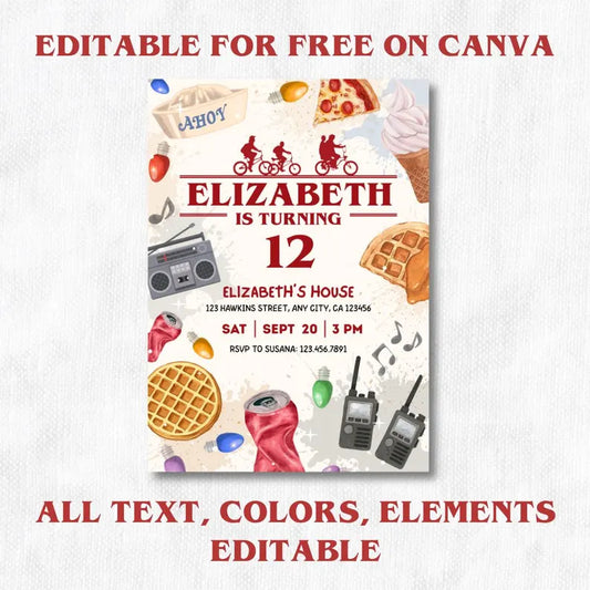 Kids Teens Retro party invitation, 80s TV Show Birthday Theme, Canva editable, PDF Print