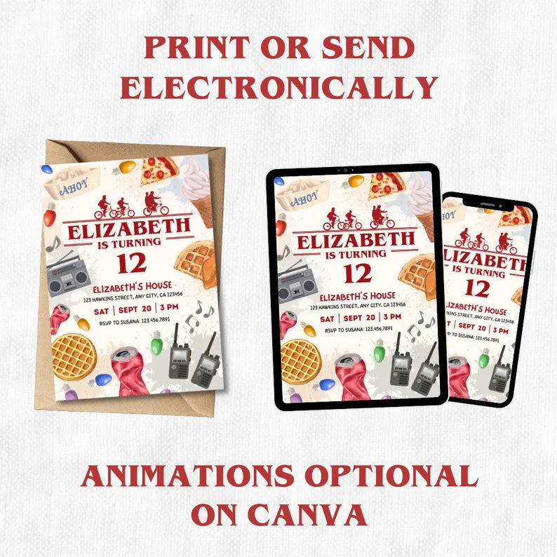 Kids Teens Retro party invitation, 80s TV Show Birthday Theme, Canva editable, PDF Print