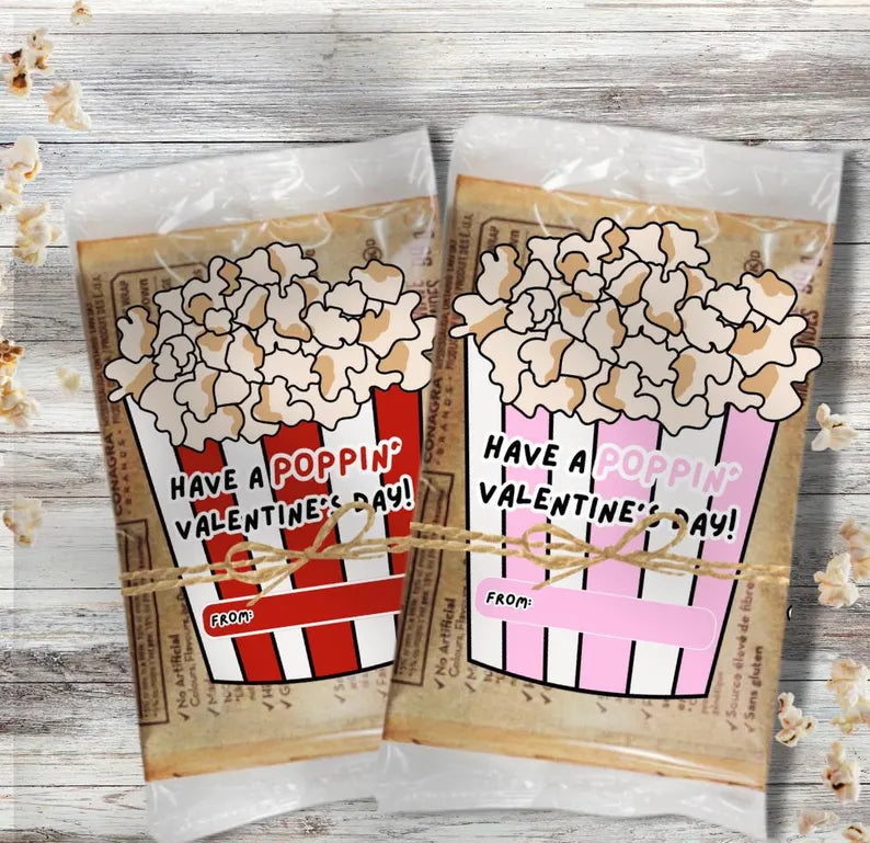 Popcorn bag Valentine's day cards, girls boys gift tween kids valentines,Printable Cards PDF Popcorn Sticker Printable kids classroom party,