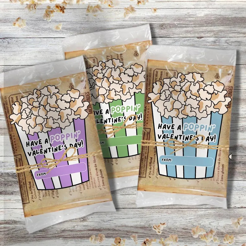 Popcorn bag Valentine's day cards, girls boys gift tween kids valentines,Printable Cards PDF Popcorn Sticker Printable kids classroom party,