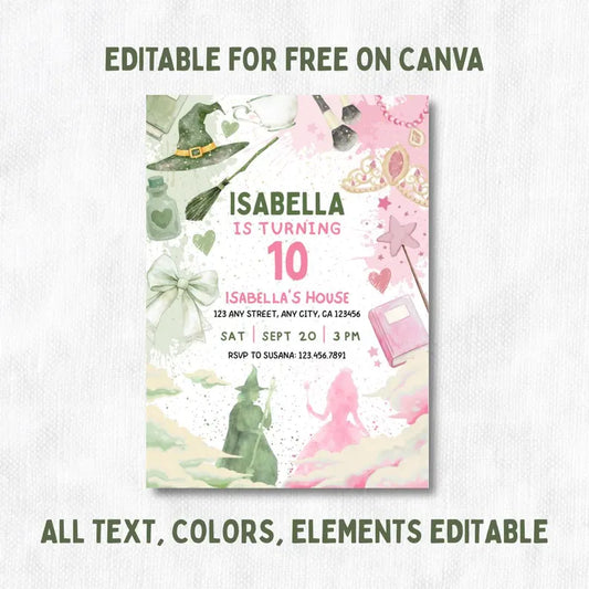 Kids Teens Witch movie party invitation, Wicked TV Show Birthday Theme, Canva editable, PDF Print