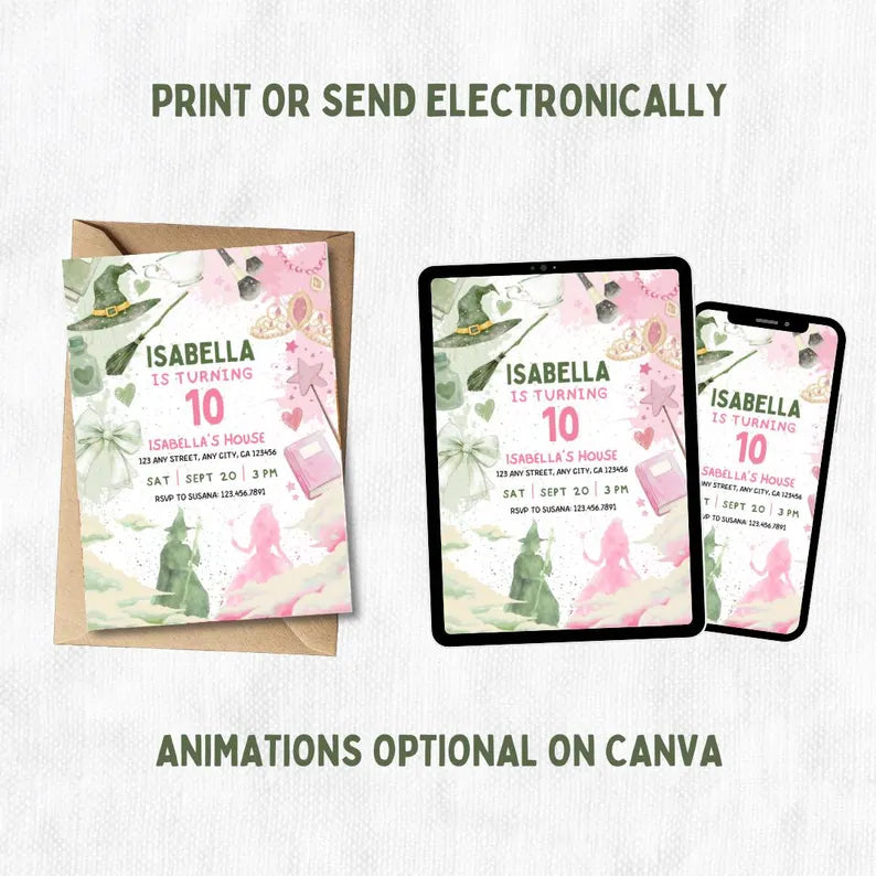 Kids Teens Witch movie party invitation, Wicked TV Show Birthday Theme, Canva editable, PDF Print