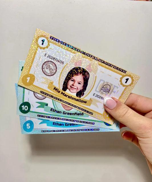 6 pc Personalized Easter Money with Photo, Printed Holographic Bunny Bucks, Custom Child Basket Filler, Laminated Cash for Egg Hunt