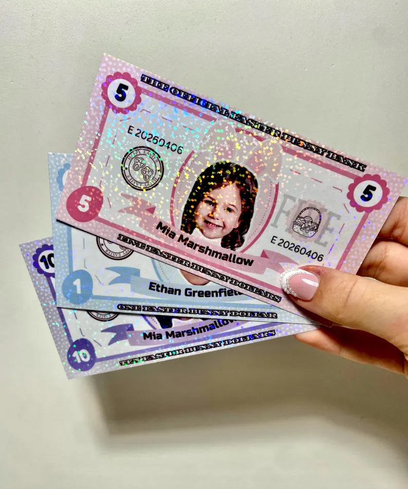 6 pc Personalized Easter Money with Photo, Printed Holographic Bunny Bucks, Custom Child Basket Filler, Laminated Cash for Egg Hunt