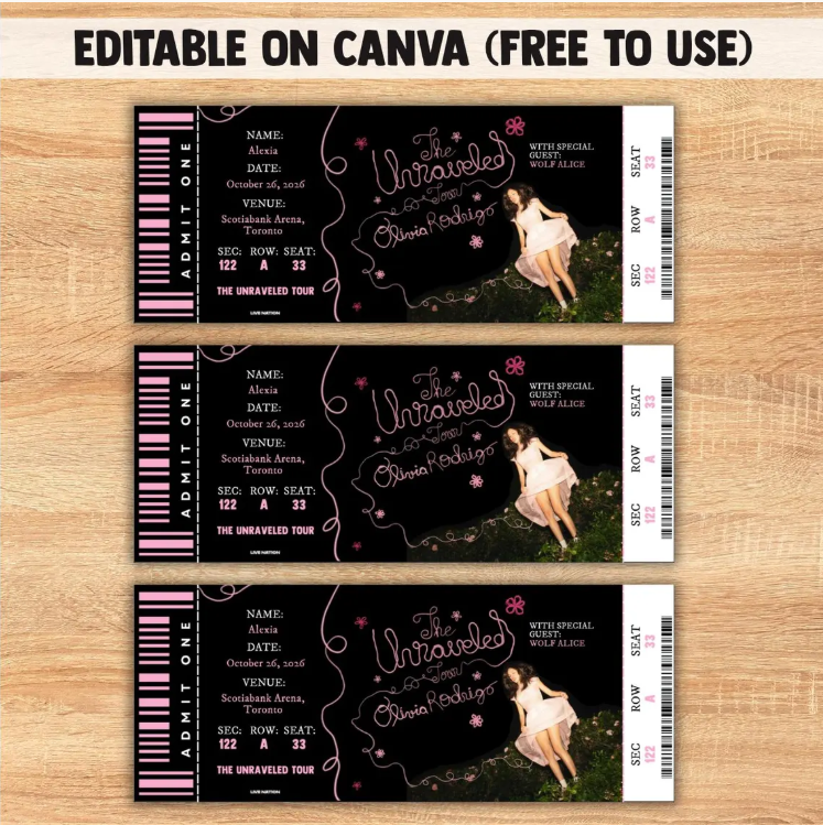 Editable Unraveled Tour Souvenir ticket, 3 pcs Olivia Pop singer themed Gift, Printable Girls Boys gift PDF, Instant download Surprise