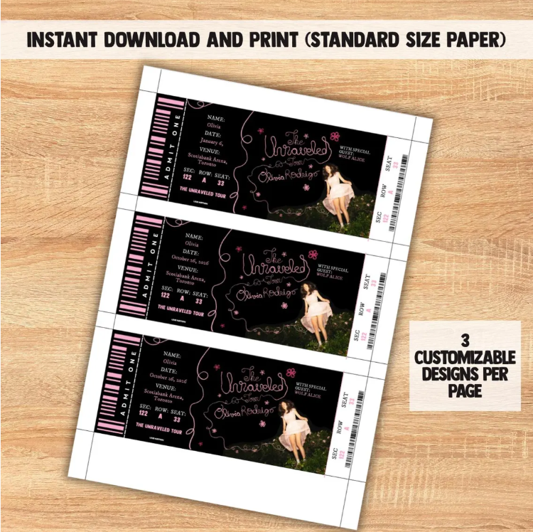 Editable Unraveled Tour Souvenir ticket, 3 pcs Olivia Pop singer themed Gift, Printable Girls Boys gift PDF, Instant download Surprise