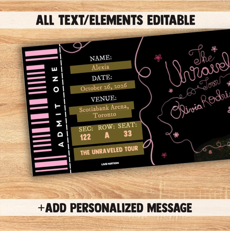 Editable Unraveled Tour Souvenir ticket, 3 pcs Olivia Pop singer themed Gift, Printable Girls Boys gift PDF, Instant download Surprise