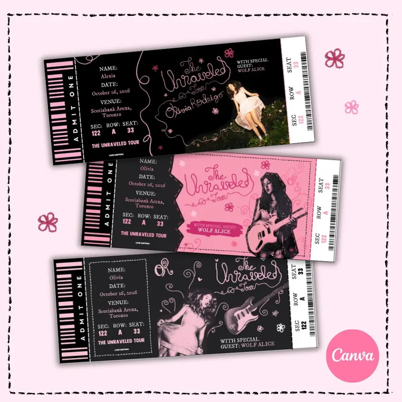 3 Pcs Unraveled Tour Editable Souvenir ticket, Olivia Rodrigo Pop singer themed Gift, Printable Girls Boys gift PDF, Instant download Surprise